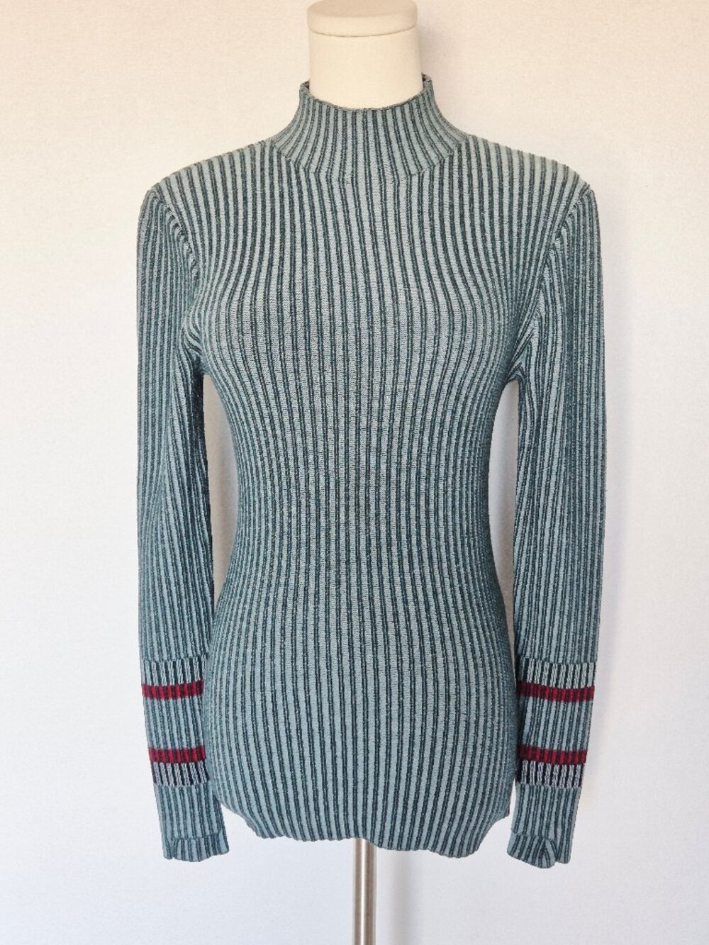 Smartwool Dacono Wool Blend Ribbed Knit Mock Neck Sweater Stretch Green Red
